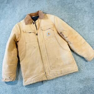 Vintage 1990s CARHARTT Light Brown Distressed Quilt Lined Work Jacket Mens XL